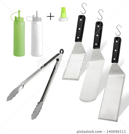 Barbecue and grill spatula bottle hook tongs tools set on White Background Barbecue and grill spatula bottle hook tongs tools set on White Background 140098111
