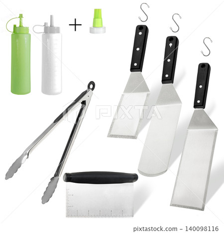 Barbecue and grill spatula bottle hook tongs tools set on White Background Barbecue and grill spatula bottle hook tongs tools set on White Background 140098116