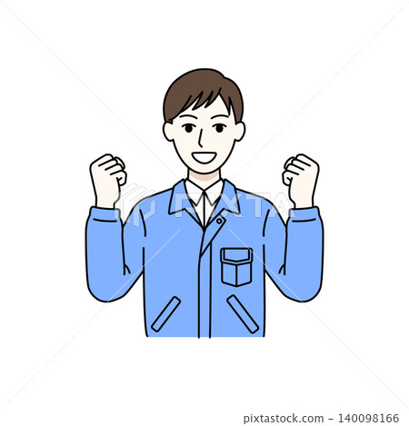 一名男性工人擺出勝利姿勢,慶祝成功、喜悅和動力(插圖) 一名男性工人擺出勝利姿勢,慶祝成功、喜悅和動力(插圖) 140098166