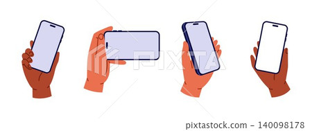 Hands holding smartphones with blank screens. Mobile communication, social media and digital technology. Vector illustration. Isolated white background Hands holding smartphones with blank screens. Mobile communication, social media and digital technology. Vector illustration. Isolated white background 140098178