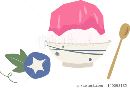 Strawberry shaved ice in a retro bowl with morning glories - Summer Japanese sweets illustration material 140098185