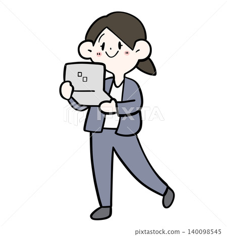 Illustration of a female office worker walking with a PC. Illustration of a female office worker walking with a PC. 140098545