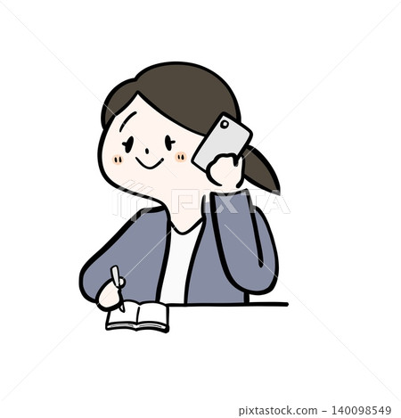 An illustration of a female office worker taking notes while on the phone. An illustration of a female office worker taking notes while on the phone. 140098549