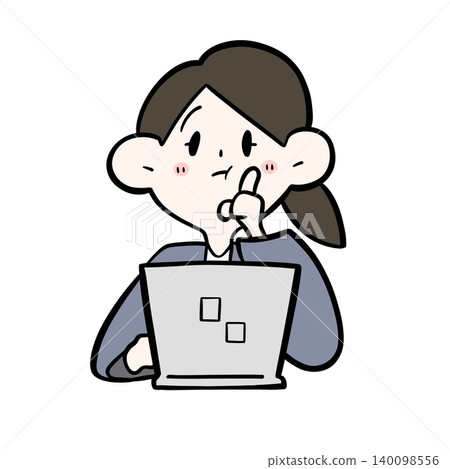 An illustration of a female office worker thinking in front of her computer. An illustration of a female office worker thinking in front of her computer. 140098556