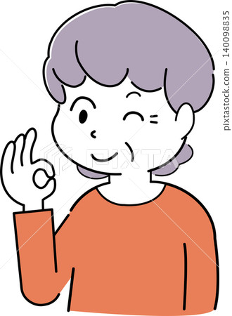 一位女士眨眼、微笑並做出OK手勢的簡單插圖(祖母、老年人、面部表情、人物圖像) 一位女士眨眼、微笑並做出OK手勢的簡單插圖(祖母、老年人、面部表情、人物圖像) 140098835