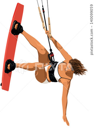 Vsai woman kitesurfer performing aerial jump trick 140099059