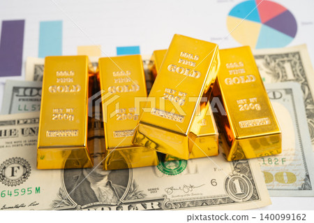Gold bars on US dollar banknote money, finance trading investment business currency. Gold bars on US dollar banknote money, finance trading investment business currency. 140099162