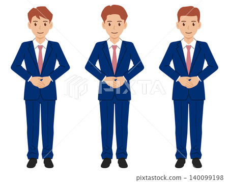 [Full body] A young man in a navy suit with his hands clasped in front of him. 140099198