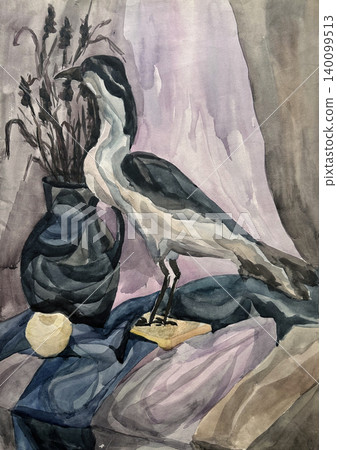 Still life with a bird, dry flowers, vase and fruit. Watercolor. Watercolor painting on paper. Still life with a jug. Still life with a bird, dry flowers, vase and fruit. Watercolor. Watercolor painting on paper. Still life with a jug. 140099513