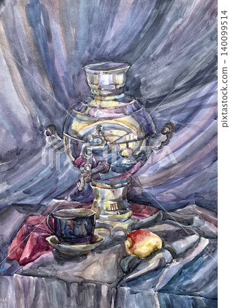 Still life with a samovar, cup, and fruit. Watercolor. Watercolor painting on paper. Still life with a jug. 140099514