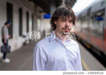 Young man in white shirt standing on platform near train during summer. Young man in white shirt standing on platform near train during summer. 140099526