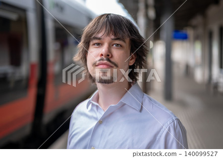 Portrait of young man in white shirt against passenger transport and station background. Portrait of young man in white shirt against passenger transport and station background. 140099527