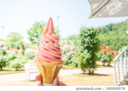 Tochigi strawberry soft serve ice cream to eat outside at Ashikaga Flower Park 140099574