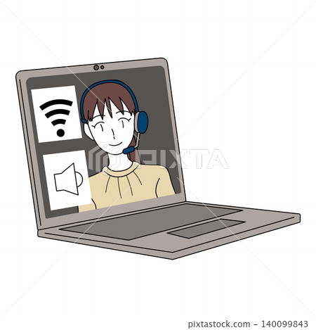 Illustration of a female operator on an online call screen with a communication icon. Illustration of a female operator on an online call screen with a communication icon. 140099843