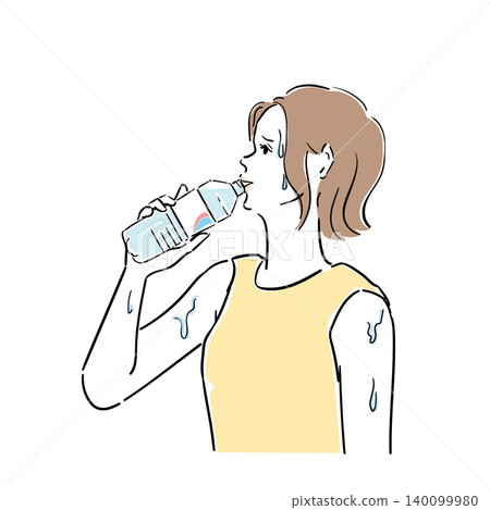 女性採取措施保護自己免受夏季高溫和紫外線照射時的面部表情。 女性採取措施保護自己免受夏季高溫和紫外線照射時的面部表情。 140099980