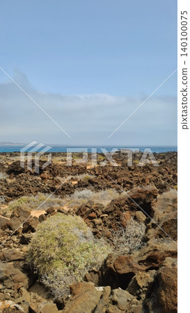 Wide view of Lanzarote desert landscape with volcanic hills and stark island beauty 140100075