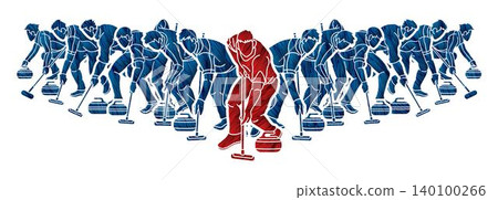 Group of Curling Sport Mix Male Players Action Cartoon Graphic Vector 140100266
