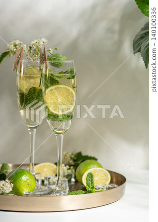 Refreshing summer hugo cocktail with lime, mint, and elderflowers Refreshing summer hugo cocktail with lime, mint, and elderflowers 140100336