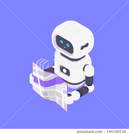 Modern Isometric Vector Illustration Of Cute AI Robot Assistant Holding Unfolded Navigation Map Modern Isometric Vector Illustration Of Cute AI Robot Assistant Holding Unfolded Navigation Map 140100538