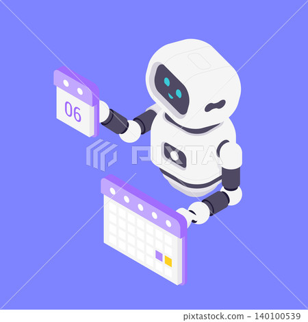 Modern Isometric Vector Illustration Of Friendly AI Robot Assistant Holding Calendar With Date Modern Isometric Vector Illustration Of Friendly AI Robot Assistant Holding Calendar With Date 140100539