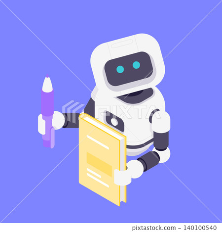 Modern Isometric Vector Illustration Of Friendly AI Robot Assistant Holding Yellow Book And Purple Pen Modern Isometric Vector Illustration Of Friendly AI Robot Assistant Holding Yellow Book And Purple Pen 140100540