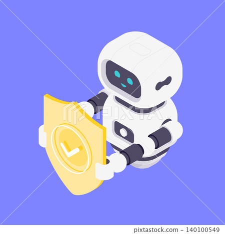 Modern Isometric Vector Illustration Of Friendly AI Robot Holding Yellow Security Shield Modern Isometric Vector Illustration Of Friendly AI Robot Holding Yellow Security Shield 140100549