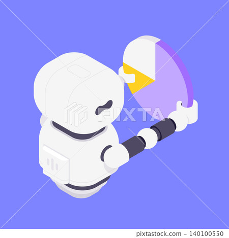 Modern Isometric Vector Illustration Of Friendly Robot Assistant Holding Circular Data Chart 140100550