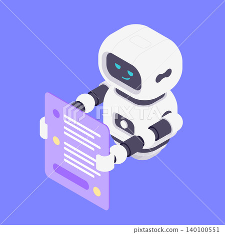 Modern Isometric Vector Illustration Of Friendly AI Robot Holding Purple Chat Window Modern Isometric Vector Illustration Of Friendly AI Robot Holding Purple Chat Window 140100551