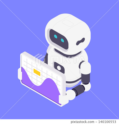 Modern Isometric Vector Illustration Of Friendly AI Robot Holding Data Chart Graph 140100553