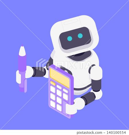 Modern Isometric Vector Illustration Of Friendly AI Robot Holding Calculator And Pen 140100554