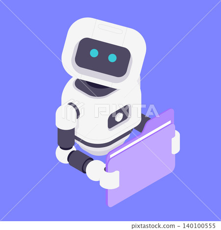 Modern Isometric Vector Illustration Of Friendly AI Robot Holding Purple Folder File 140100555