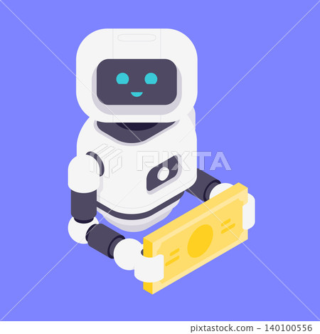 Modern Isometric Vector Illustration Of Friendly AI Robot Holding Yellow Banknote Money Modern Isometric Vector Illustration Of Friendly AI Robot Holding Yellow Banknote Money 140100556