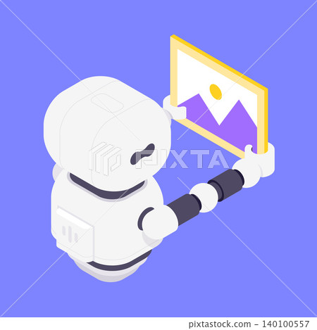 Modern Isometric Vector Illustration Of Friendly Robot Holding Tablet With Landscape Image Modern Isometric Vector Illustration Of Friendly Robot Holding Tablet With Landscape Image 140100557