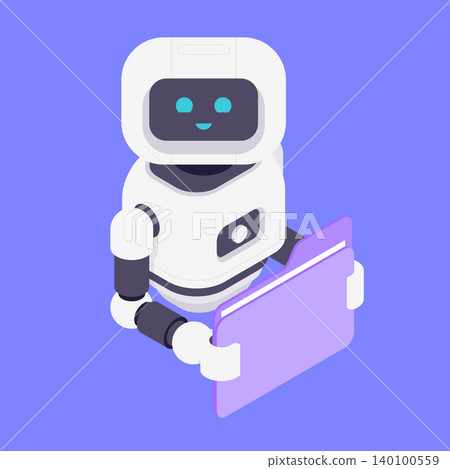 Modern Isometric Vector Illustration Of Friendly AI Robot Holding Purple Document Folder Modern Isometric Vector Illustration Of Friendly AI Robot Holding Purple Document Folder 140100559
