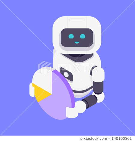 Modern Isometric Vector Illustration Of Friendly AI Robot Holding Circular Pie Chart Modern Isometric Vector Illustration Of Friendly AI Robot Holding Circular Pie Chart 140100561