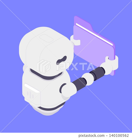 Modern Isometric Vector Illustration Of Cute AI Robot Holding Purple Data Folder Modern Isometric Vector Illustration Of Cute AI Robot Holding Purple Data Folder 140100562