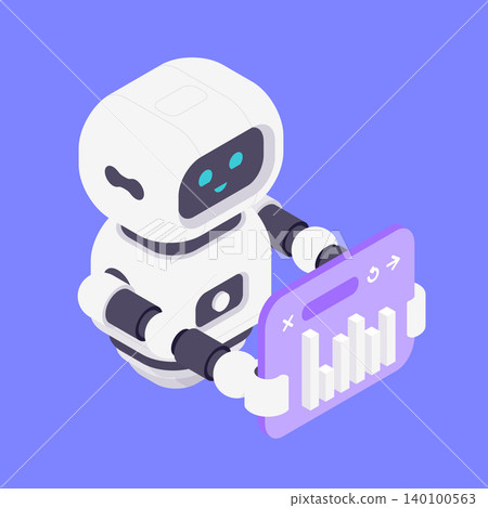 Modern Isometric Vector Illustration Of Cute AI Robot Holding Browser With Bar Chart Modern Isometric Vector Illustration Of Cute AI Robot Holding Browser With Bar Chart 140100563