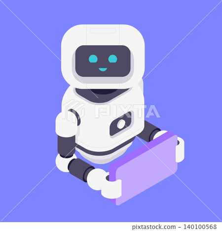 Modern Isometric Vector Illustration Of Friendly Robot Holding Empty Purple Board Modern Isometric Vector Illustration Of Friendly Robot Holding Empty Purple Board 140100568