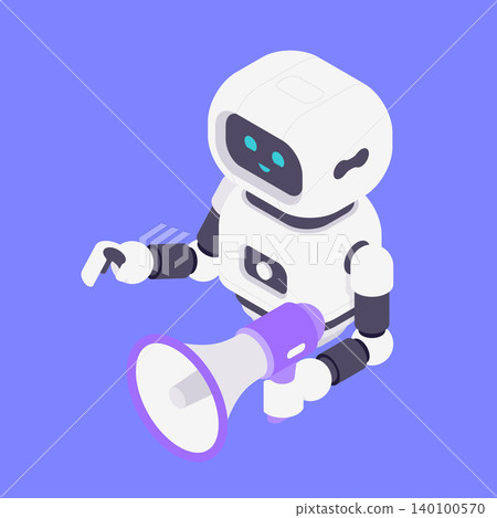 Modern Isometric Vector Illustration Of Friendly Robot Holding Purple Megaphone 140100570