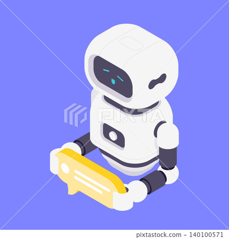 Modern Isometric Vector Illustration Of Friendly Robot Holding Yellow Speech Bubble Modern Isometric Vector Illustration Of Friendly Robot Holding Yellow Speech Bubble 140100571