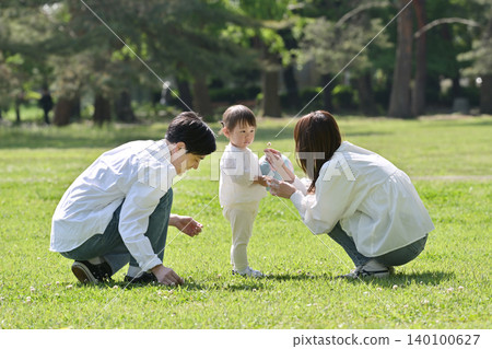 一對年輕夫婦和他們心愛的女兒在公園草坪上放鬆休息。 140100627