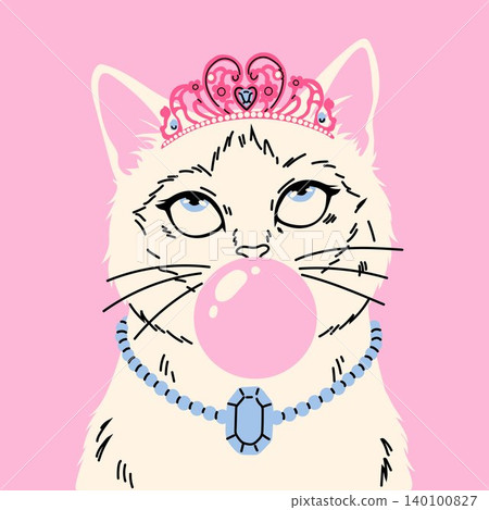 Cute White Cat Blowing Bubble Gum Illustration 140100827
