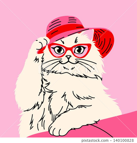 Cute Fashion Cat in Red Hat on Pink Background Cute Fashion Cat in Red Hat on Pink Background 140100828