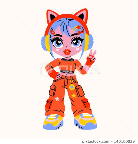 Chibi Fashion Girl Making Peace Sign Illustration Chibi Fashion Girl Making Peace Sign Illustration 140100829