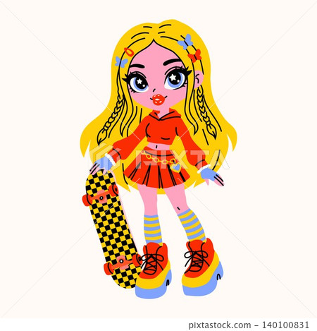 Cartoon Blonde Girl Holding Checkerboard Skateboard Cartoon Blonde Girl Holding Checkerboard Skateboard 140100831