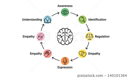 Emotional intelligence cycle infographic featuring brain icon with sequential steps for awareness identification and regulation 140101364