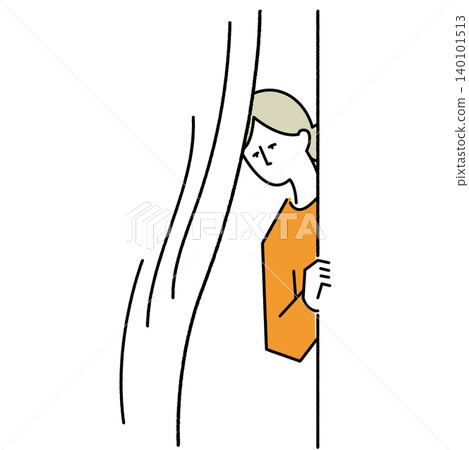 A woman peeking outside through a gap in the curtains. A woman peeking outside through a gap in the curtains. 140101513