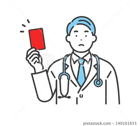 A middle-aged male doctor issues a red card. A middle-aged male doctor issues a red card. 140101655