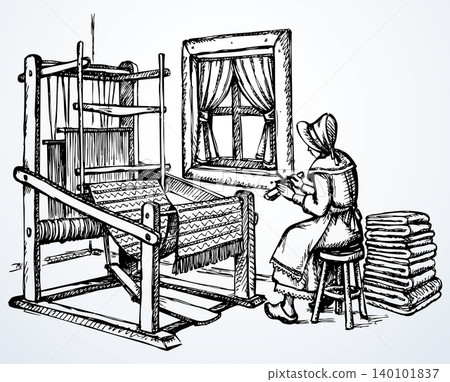 Vector drawing. A woman at a loom 140101837