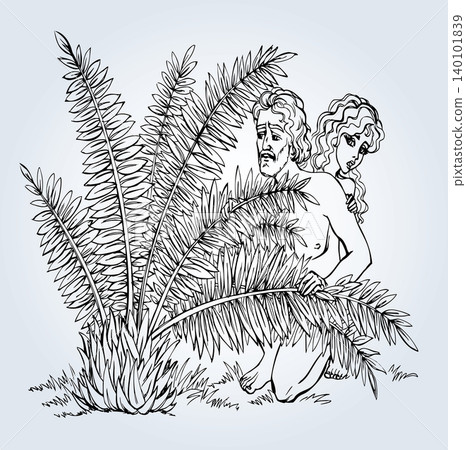 Vector drawing. Adam and Eve Hide from God Vector drawing. Adam and Eve Hide from God 140101839